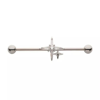 CZ Crystal Double Pointed Cross Industrial Barbell - 316L Stainless Steel