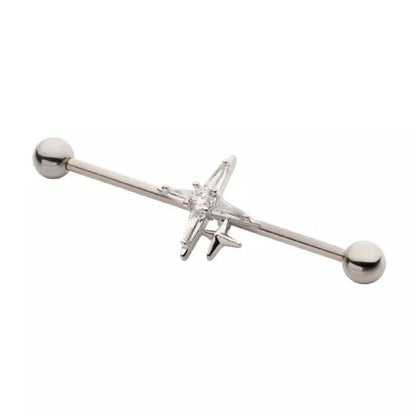 CZ Crystal Double Pointed Cross Industrial Barbell - 316L Stainless Steel