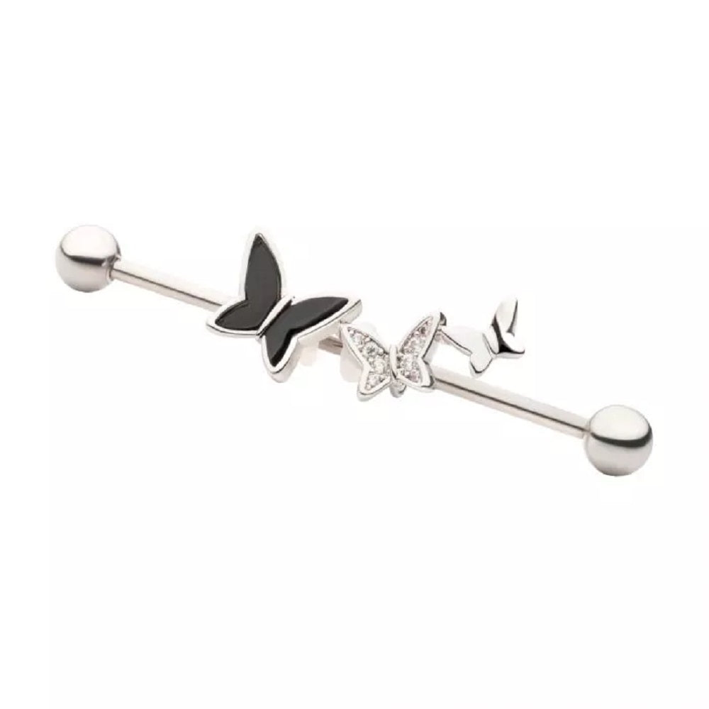 CZ Crystal Triple Butterfly Industrial Barbell - 316L Stainless Steel