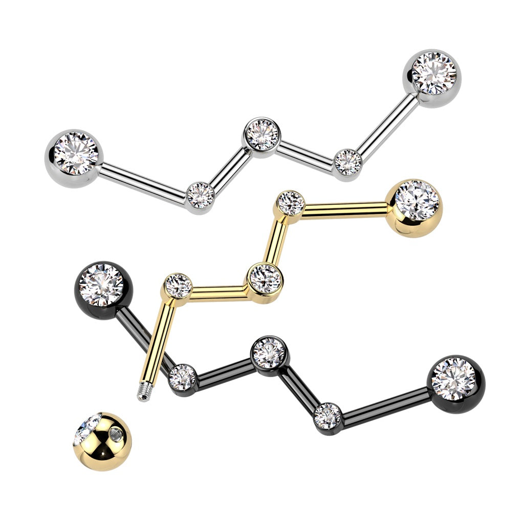 CZ Crystal Zig Zag Industrial Barbell - 316L Stainless Steel