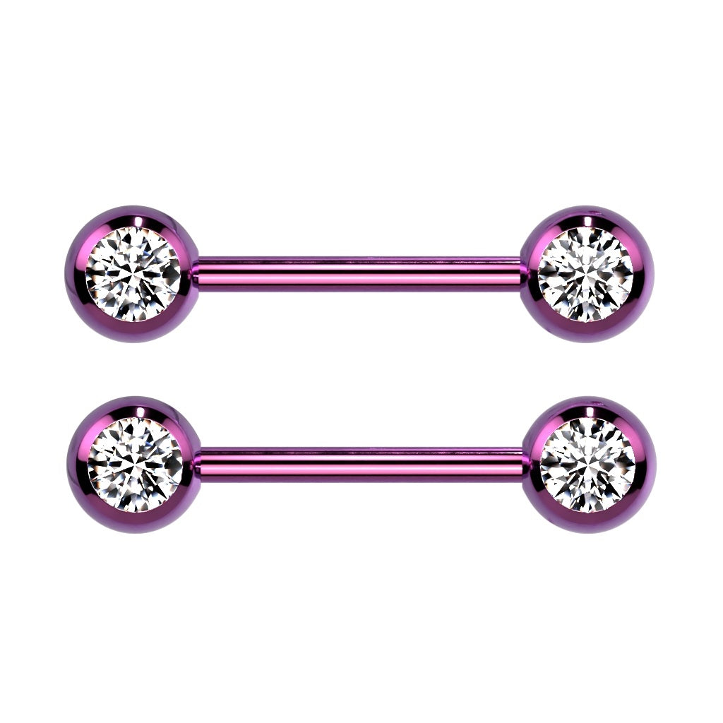 Double CZ Crystal Nipple Barbells - Titanium Plated 316L Stainless Steel - Pair