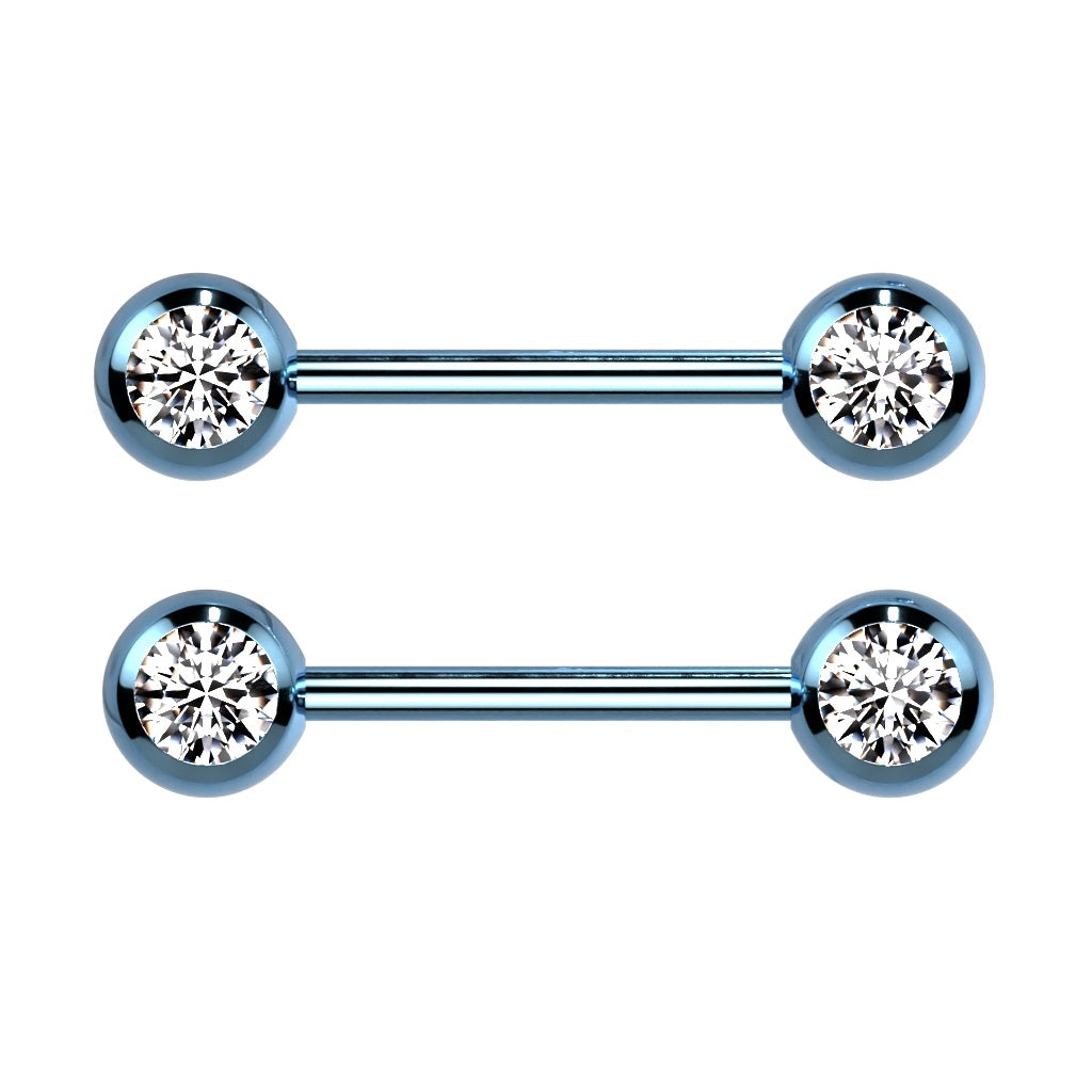 Double CZ Crystal Nipple Barbells - Titanium Plated 316L Stainless Steel - Pair