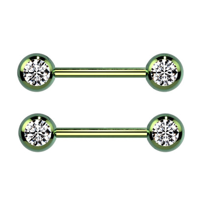 Double CZ Crystal Nipple Barbells - Titanium Plated 316L Stainless Steel - Pair