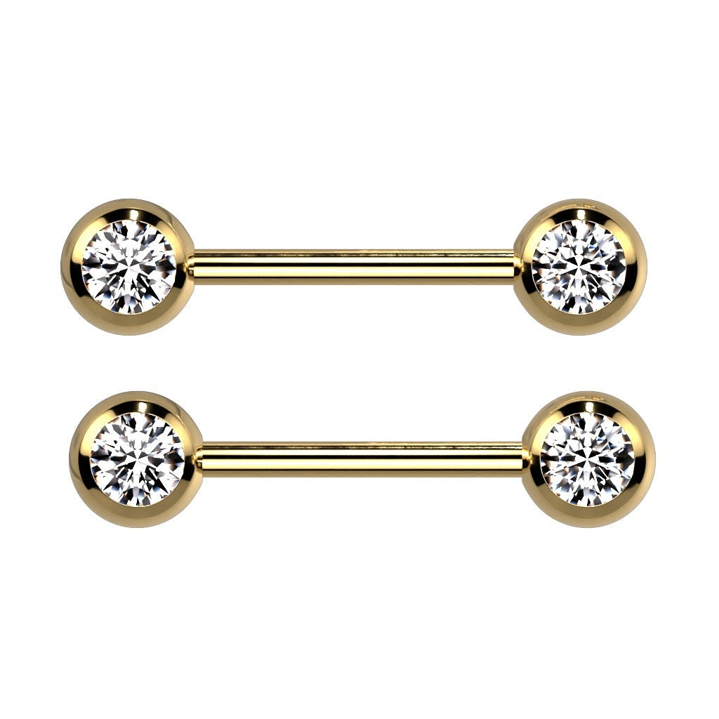 Double CZ Crystal Nipple Barbells - Titanium Plated 316L Stainless Steel - Pair