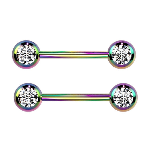 Double CZ Crystal Nipple Barbells - Titanium Plated 316L Stainless Steel - Pair