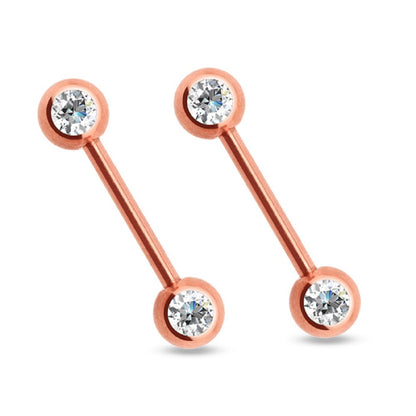 Double CZ Crystal Nipple Barbells - Titanium Plated 316L Stainless Steel - Pair