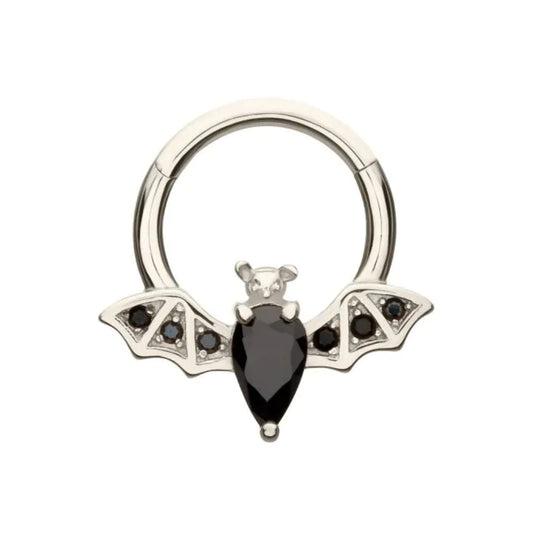 Black CZ Gem Bat Front Facing Hinged Segment Clicker - 14kt White Gold