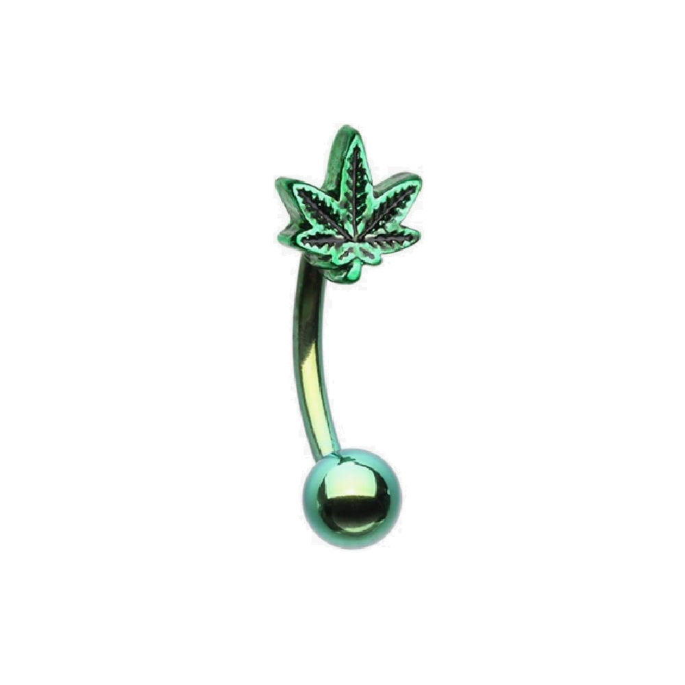 Green Pot Leaf Curved Eyebrow Ring - Stainless Steel