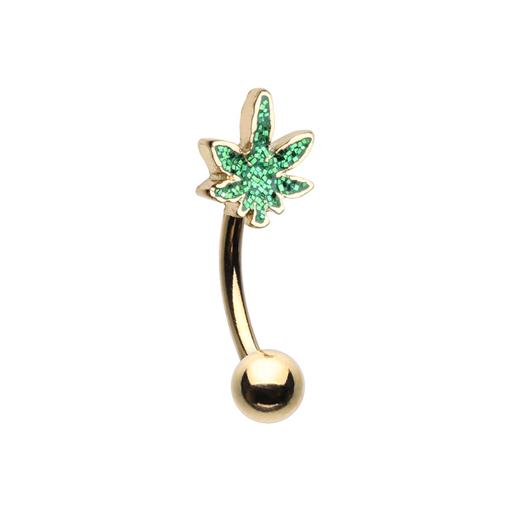 Gold Plated Glittering Pot Leaf Curved Eyebrow Ring