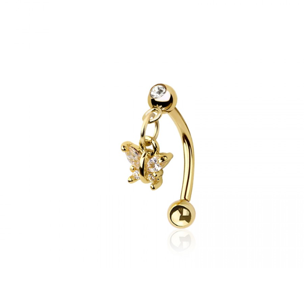 Dangling CZ Crystal Butterfly Curved Eyebrow Barbell - 316L Stainless Steel
