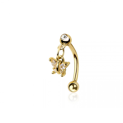 Dangling CZ Crystal Butterfly Curved Eyebrow Barbell - 316L Stainless Steel