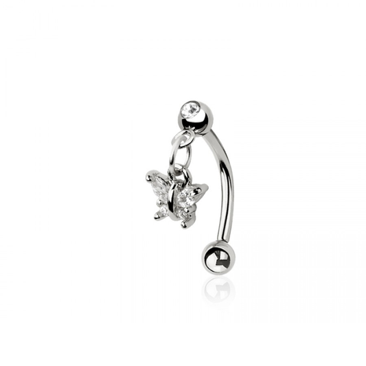 Dangling CZ Crystal Butterfly Curved Eyebrow Barbell - 316L Stainless Steel