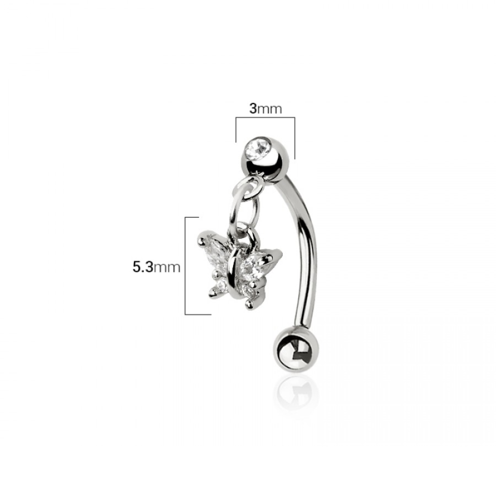 Dangling CZ Crystal Butterfly Curved Eyebrow Barbell - 316L Stainless Steel