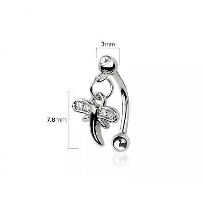 Dangling CZ Crystal Dragonfly Curved Eyebrow Barbell - 316L Stainless Steel