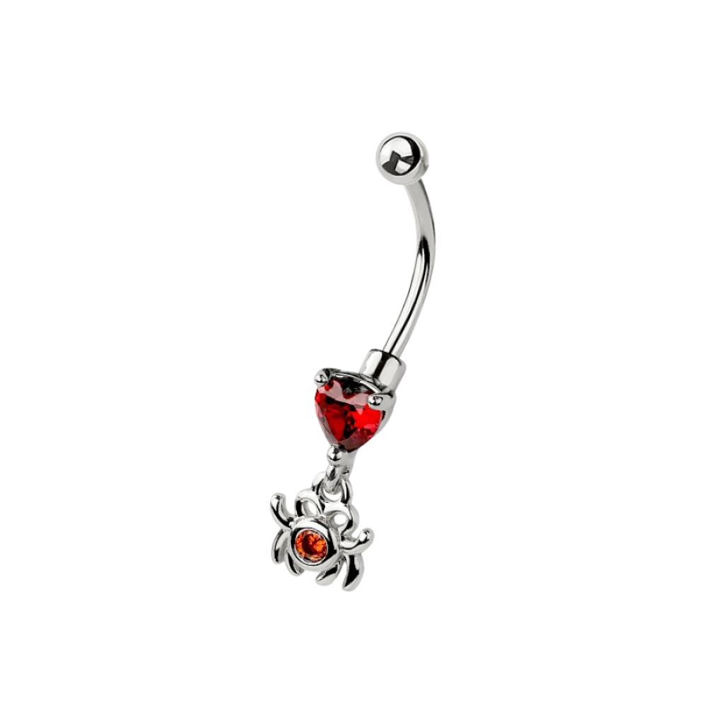 Red CZ Crystal Dangling Spider Curved Eyebrow Barbell - 316L Stainless Steel