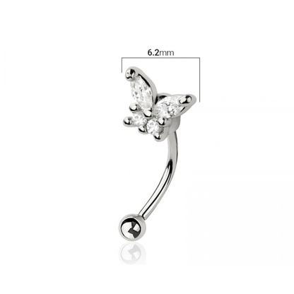 CZ Crystal Butterfly Top Curved Eyebrow Barbell - 316L Stainless Steel