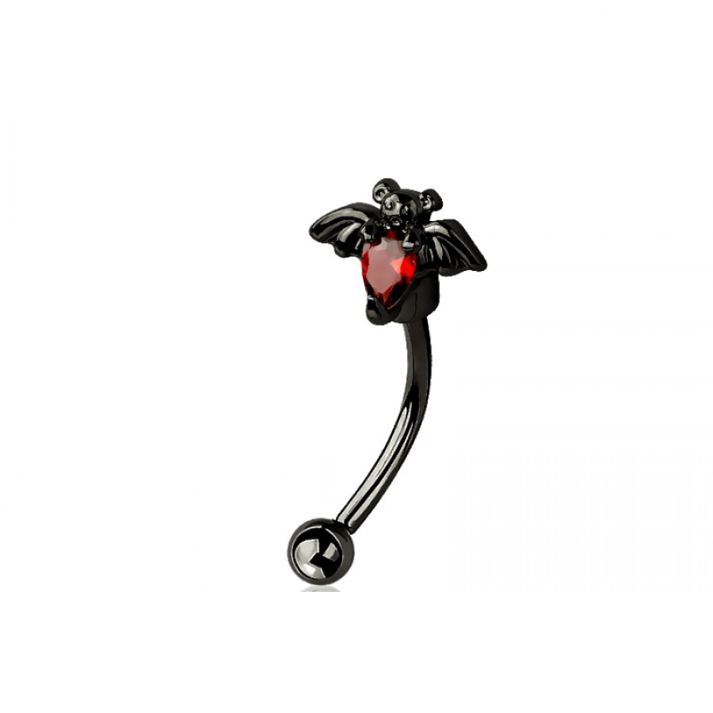 Red CZ Crystal Bat Top Curved Eyebrow Barbell - 316L Stainless Steel