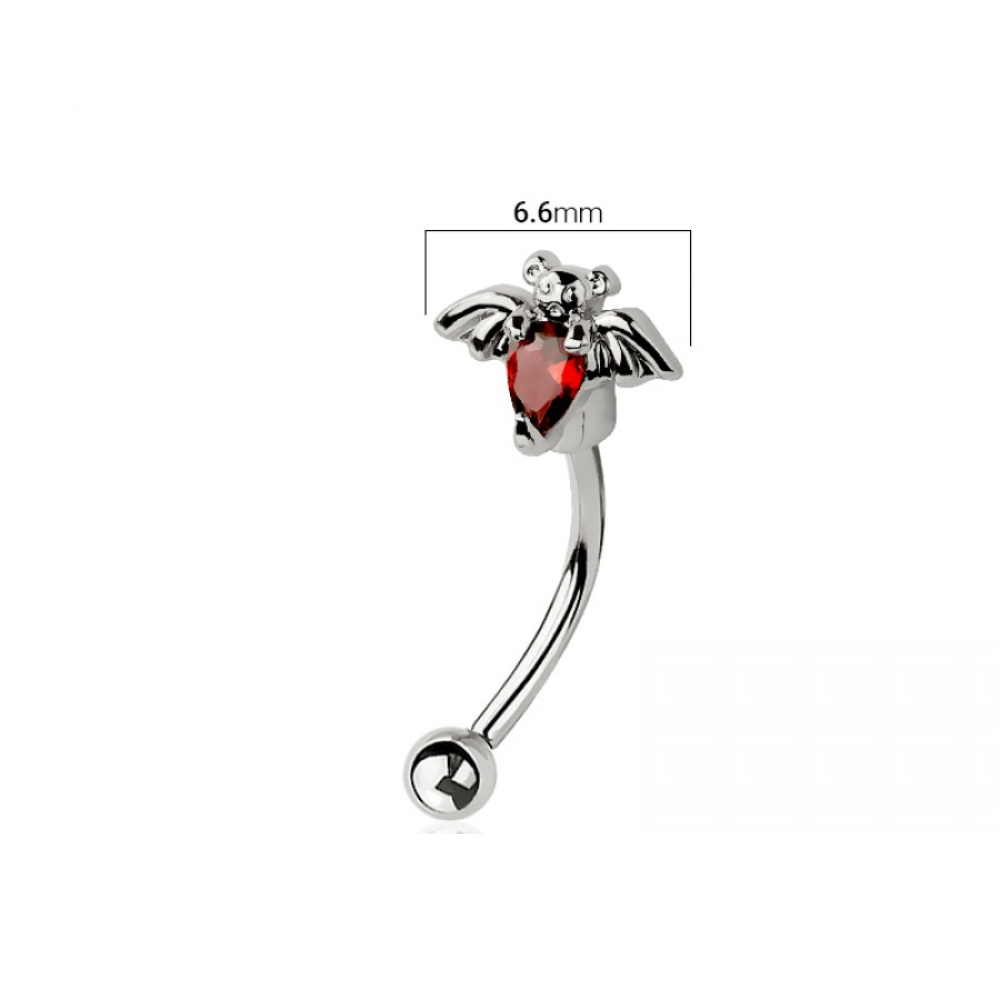 Red CZ Crystal Bat Top Curved Eyebrow Barbell - 316L Stainless Steel