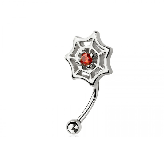 Red CZ Crystal Center Spiderweb Top Curved Eyebrow Barbell - 316L Stainless Steel
