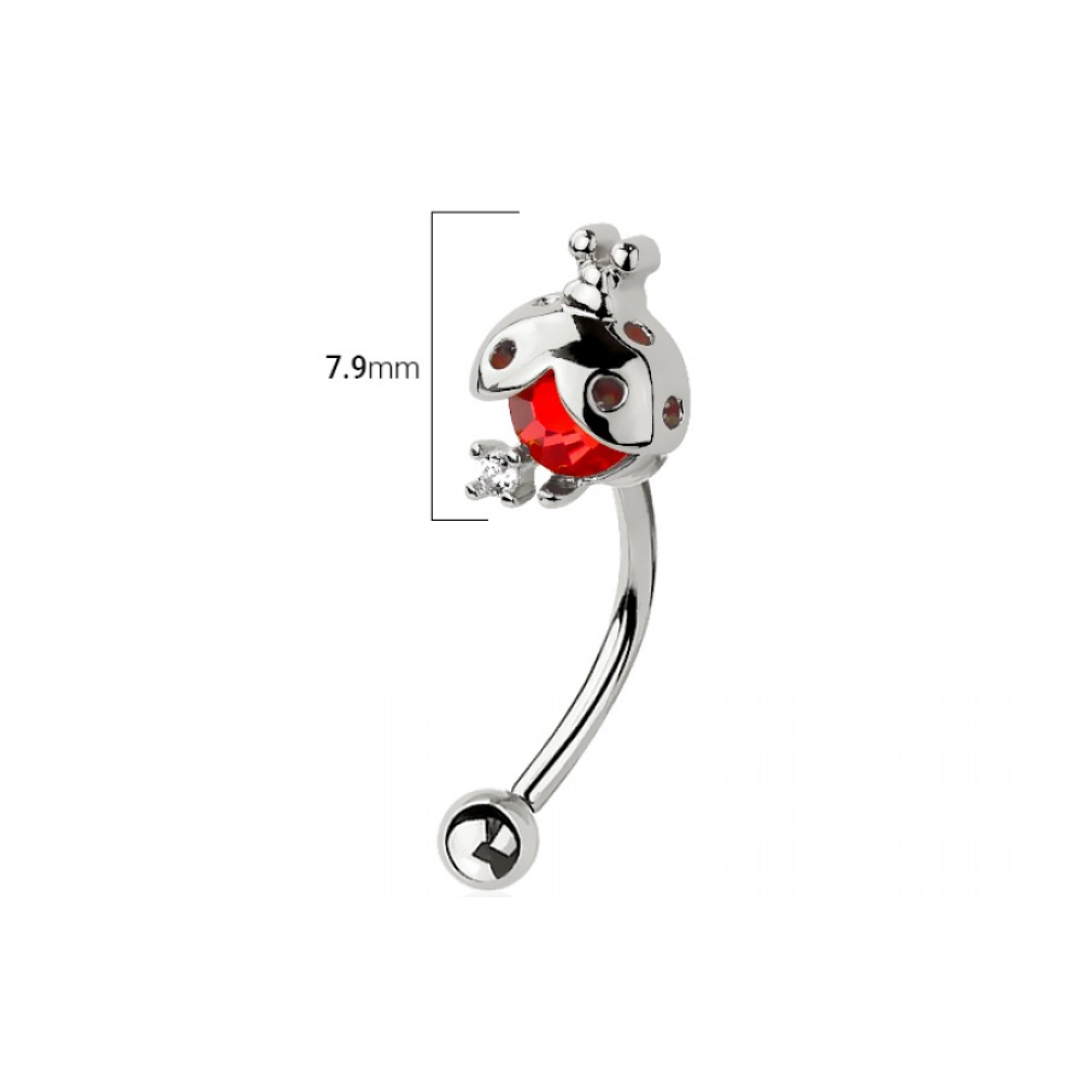 Red CZ Crystal Ladybug Top Curved Eyebrow Barbell - 316L Stainless Steel