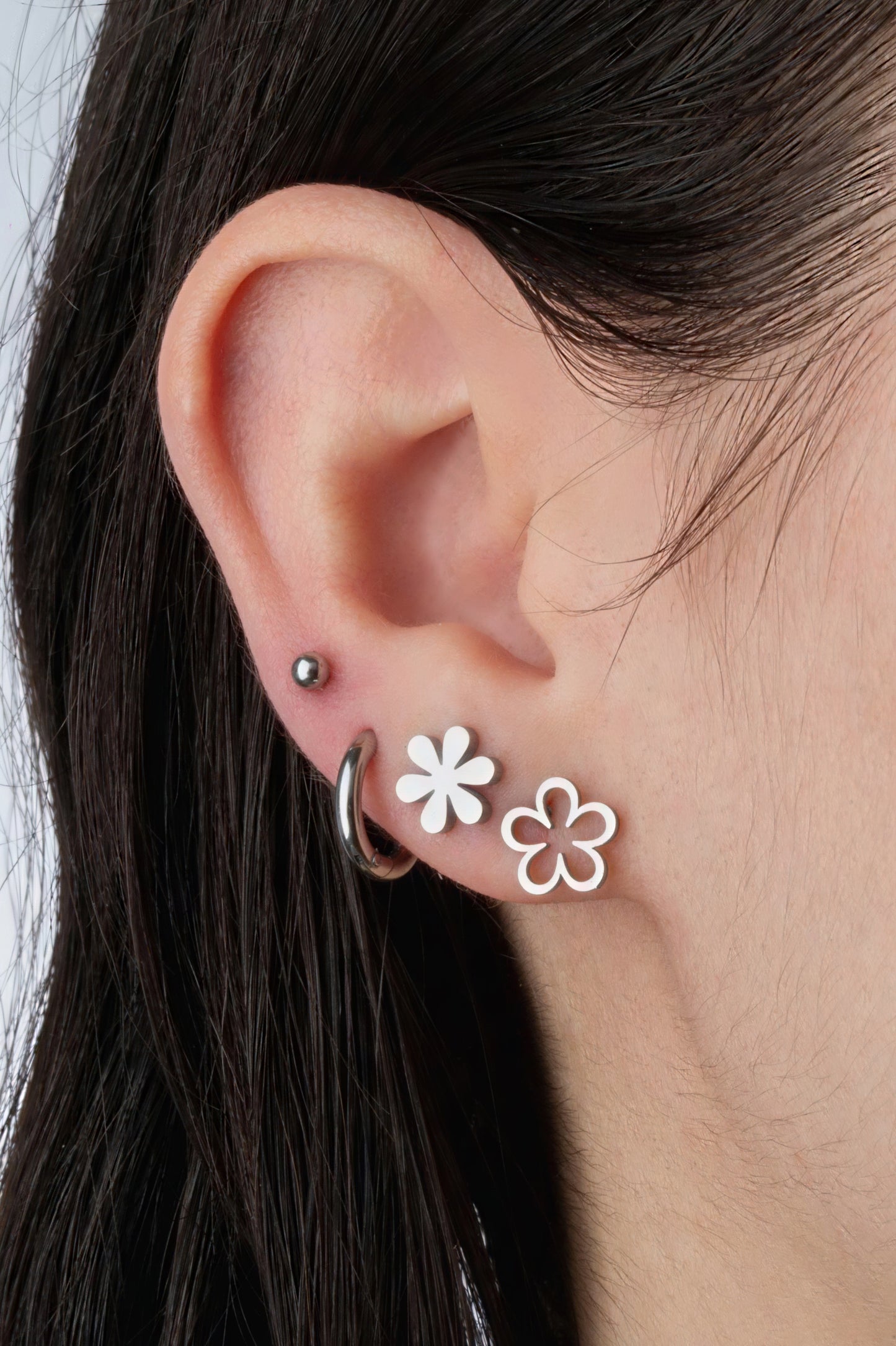 Flower Outline Stud Earrings - Pair - Stainless Steel