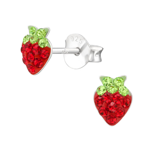 Crystal Strawberry Stud Earrings - Pair - 925 Sterling Silver