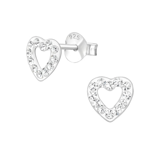 Crystal Heart Outline Stud Earrings - Pair - 925 Sterling Silver