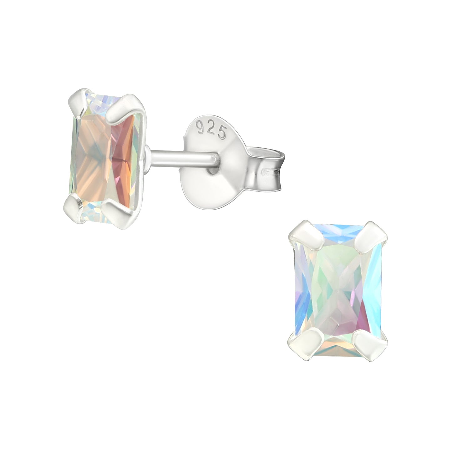 Aurora Borealis CZ Crystal Baguette Stud Earrings - Pair - 925 Sterling Silver