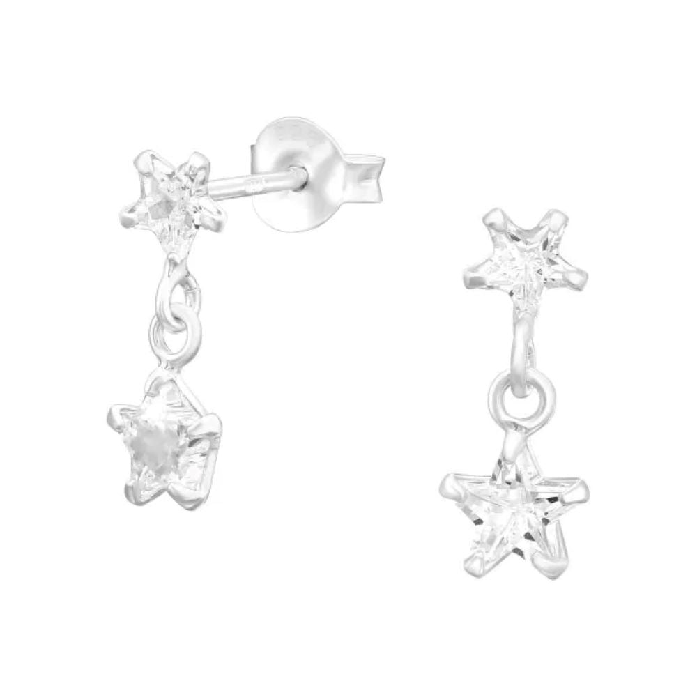 CZ Crystal Dangling Star Stud Earrings - Pair - 925 Sterling Silver