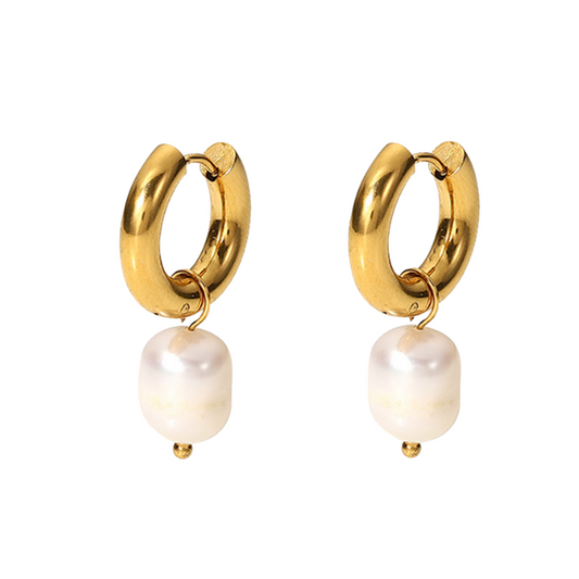 Dangling Simulated Pearl 4mm Thick Hoop Earrings - Pair - 18k Gold PVD Plated Stainless Steel