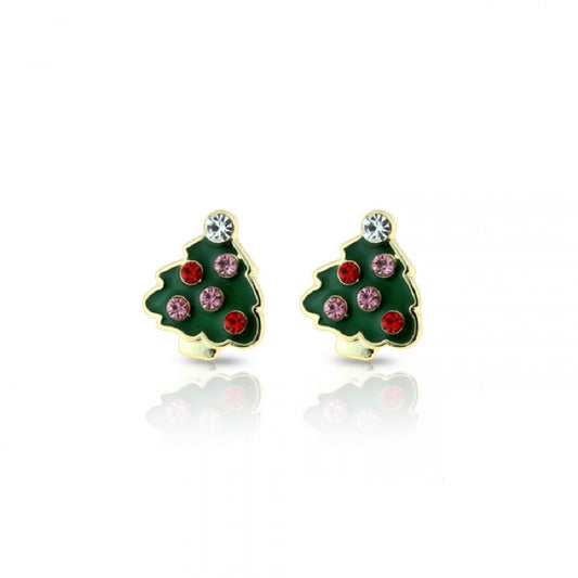 Golden Gemstone Embedded Enamel Christmas Tree Stud Earrings - 316L Stainless Steel - Pair