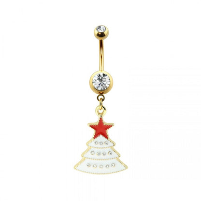 CZ Crystal Red Star Christmas Tree Dangling Belly Button Ring - Gold Plated 316L Stainless Steel