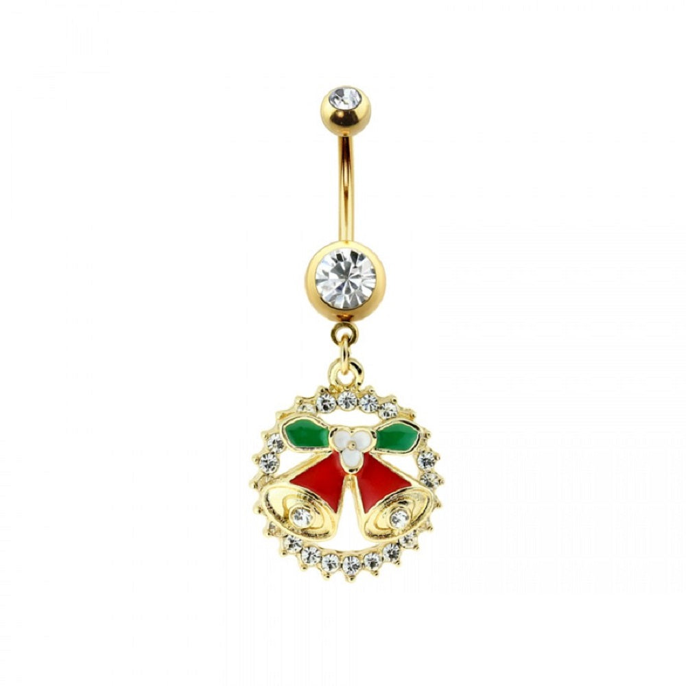 CZ Crystal Christmas Bell Wreath Dangling Belly Button Ring - Gold Plated 316L Stainless Steel