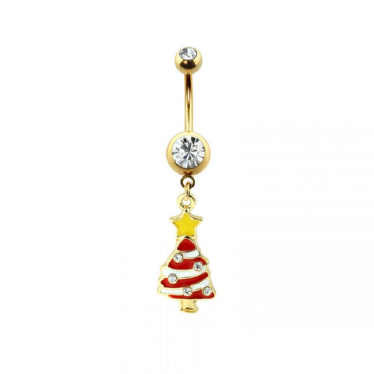 CZ Crystal Yellow Star Christmas Tree Dangling Belly Button Ring - Gold Plated 316L Stainless Steel