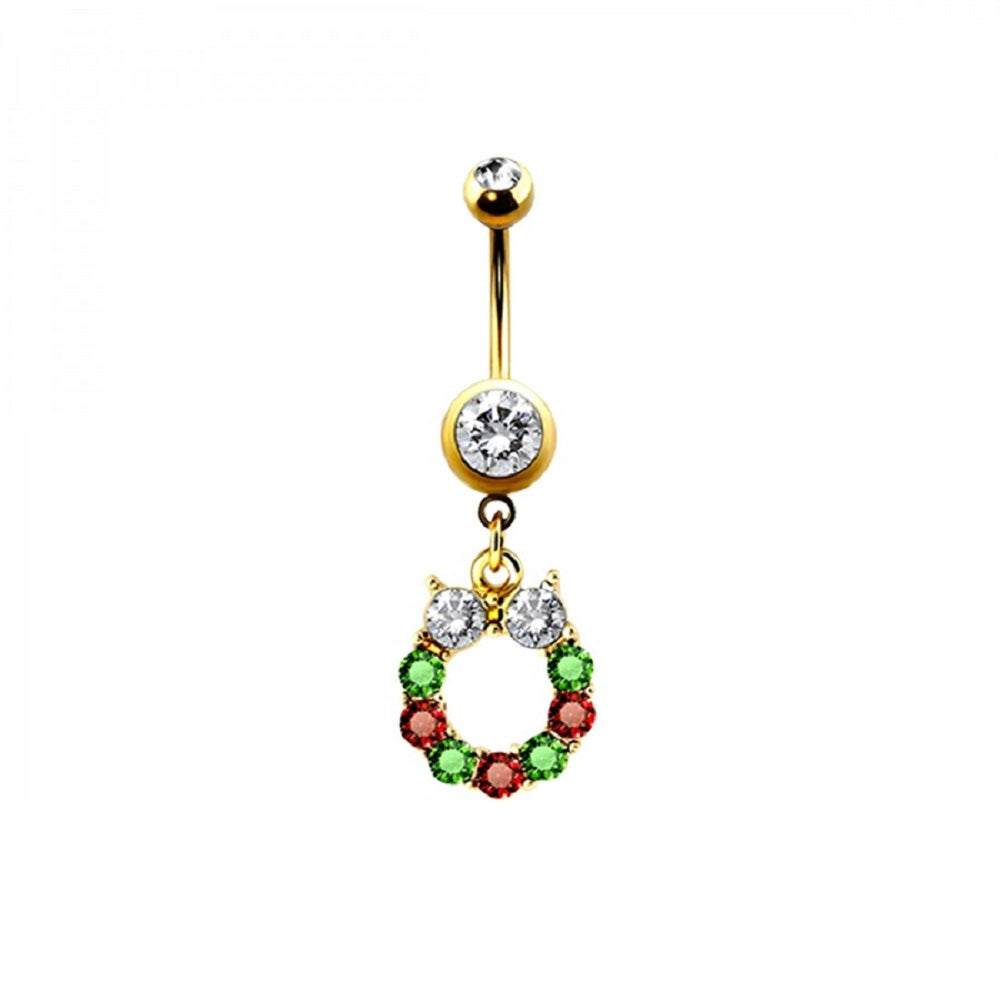 CZ Crystal Christmas Crystal Wreath Dangling Belly Button Ring - Gold Plated 316L Stainless Steel