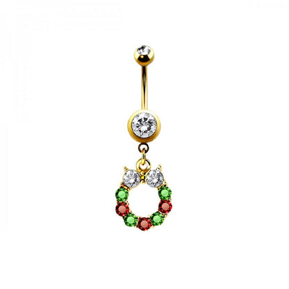 CZ Crystal Christmas Crystal Wreath Dangling Belly Button Ring - Gold Plated 316L Stainless Steel