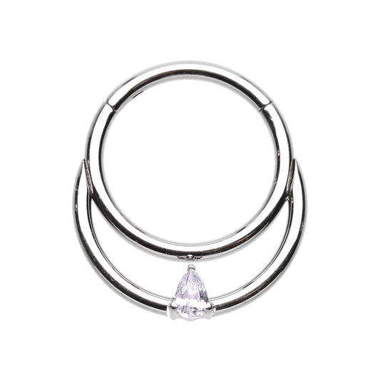 Double Hoop with CZ Crystal Teardrop Center Hinged Segment Ring - Stainless Steel