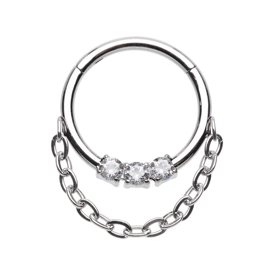 Triple CZ Crystal with Dangling Chain Hinged Segment Clicker Ring - Stainless Steel