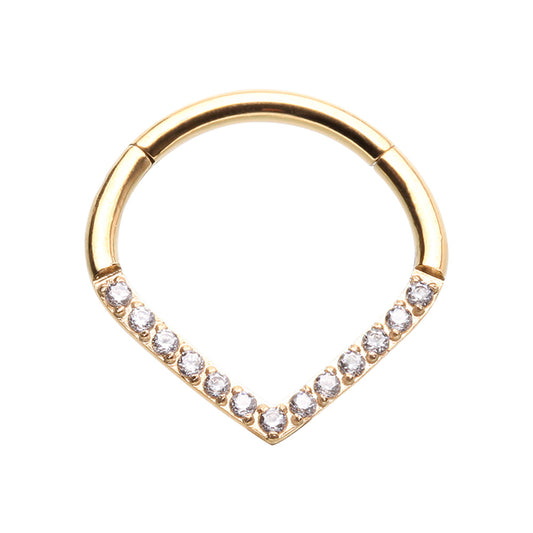 CZ Crystal Lined V-Shaped Hinged Segment Clicker Ring - Gold Plated Stainless Steel