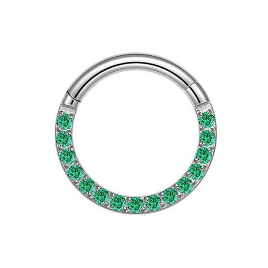 Green CZ Crystal Lined Hinged Segment Clicker Ring - 316L Stainless Steel