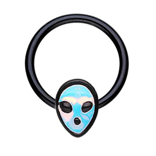 Aurora Borealis Alien Head Captive Bead Ring - Black Plated Stainless Steel