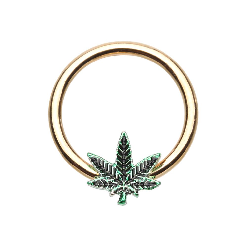 Golden Cannabis Pot Leaf Captive Bead Hoop Ring
 - Stainless Steel - Pair