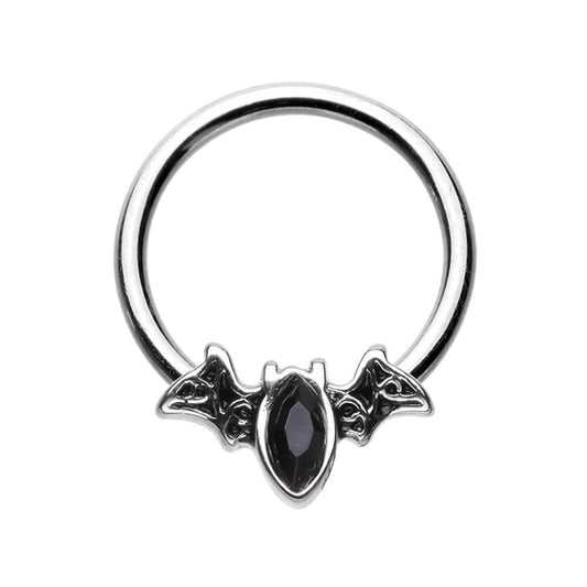 Black CZ Crystal Bat Septum Cartilage Helix Tragus Daith Captive Bead Ring - Stainless Steel