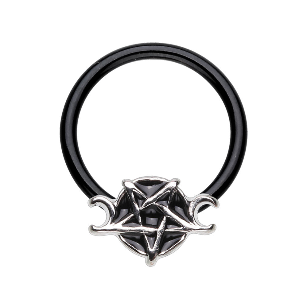 Black Wiccan Pentagram Captive Bead Ring
 - Stainless Steel