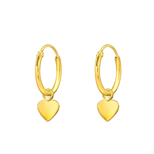 Heart Dangling Hoop Earrings - Pair - Gold Plated 925 Sterling Silver