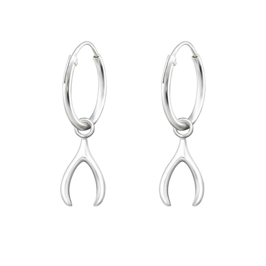 Dangling Wishbone Hoop Earrings - Pair - 925 Sterling Silver
