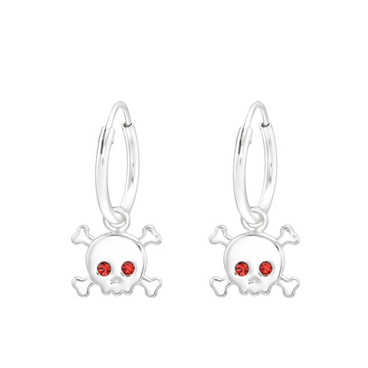 Dangling Skull with Red Crystal Eyes 12mm Hoop Earrings - Pair - 925 Sterling Silver