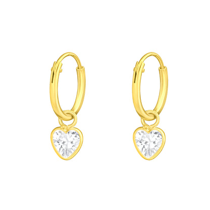 CZ Crystal Heart Dangling 12mm Hoop Earrings - Pair - 925 Sterling Silver