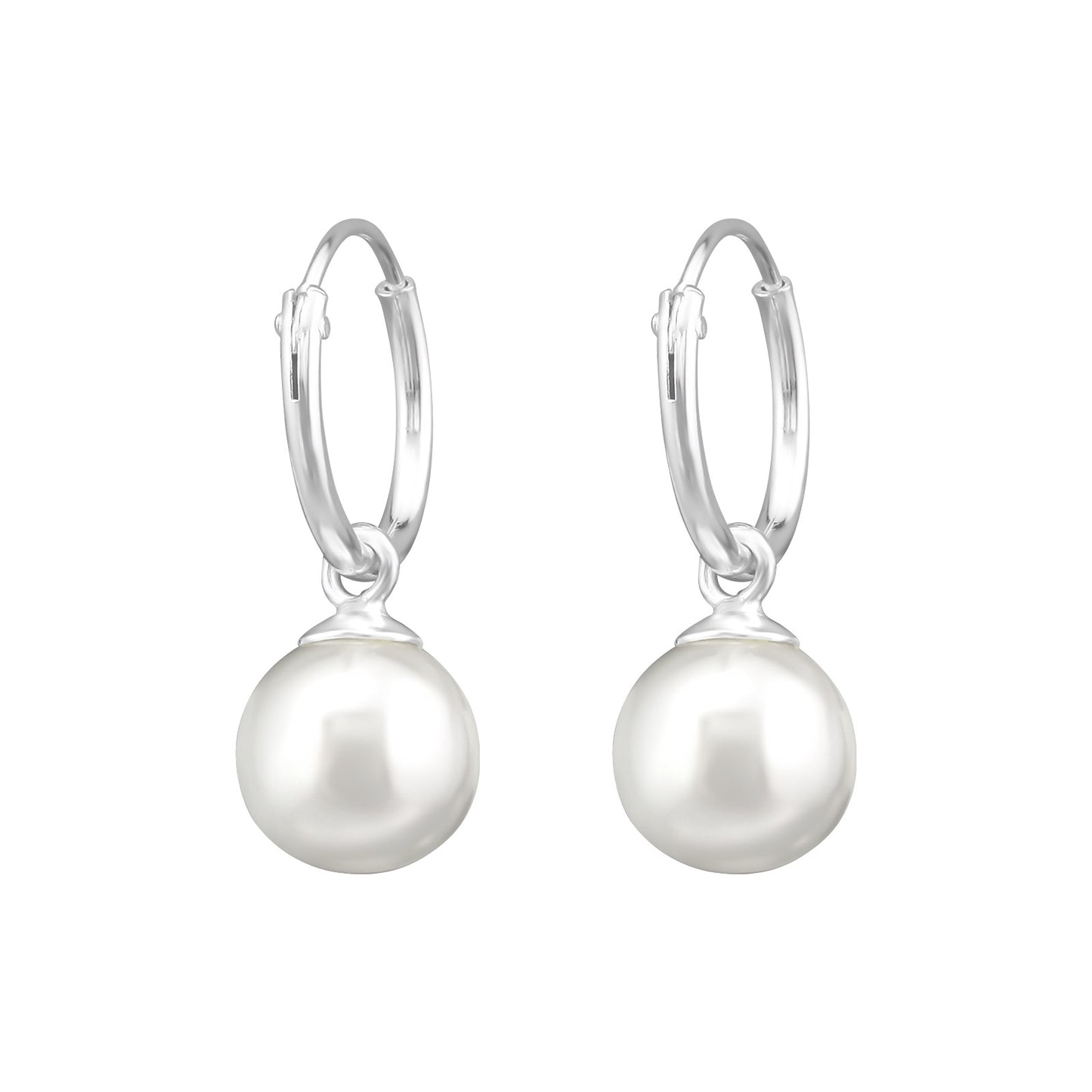 Dangling Faux Pearl 12mm Hoop Earrings - Pair - 925 Sterling Silver