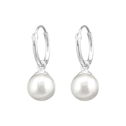 Dangling Faux Pearl 12mm Hoop Earrings - Pair - 925 Sterling Silver